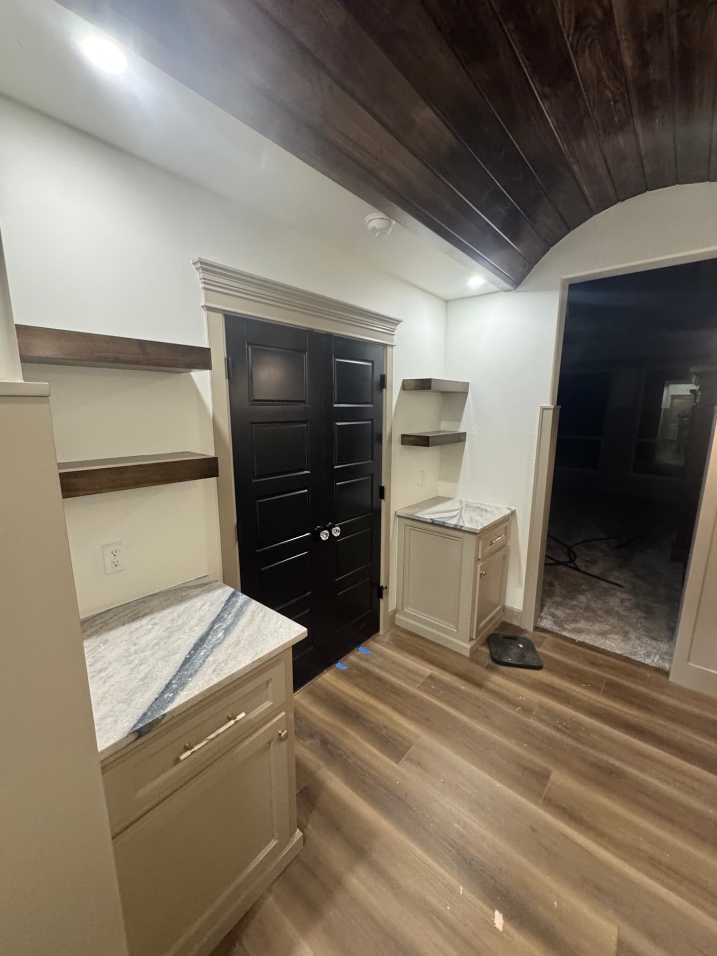 butlers pantry with painted cabinets and stained wood ceiling in an OKC metro remodel